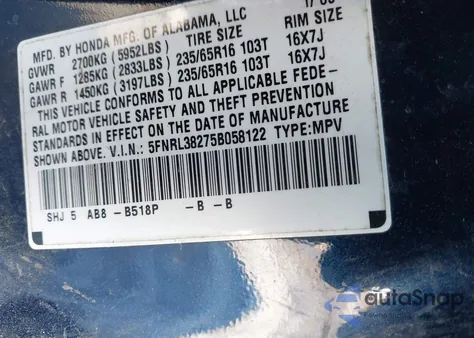 2005 Honda Odyssey Lx из США, поврежденный, VIN 5FNRL38275B058122